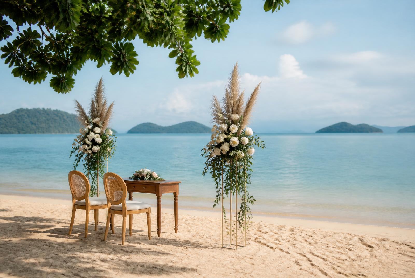 Standard Barefoot Ceremony setup, angled side view — two tropical floral stands and signing table on a Phuket beach