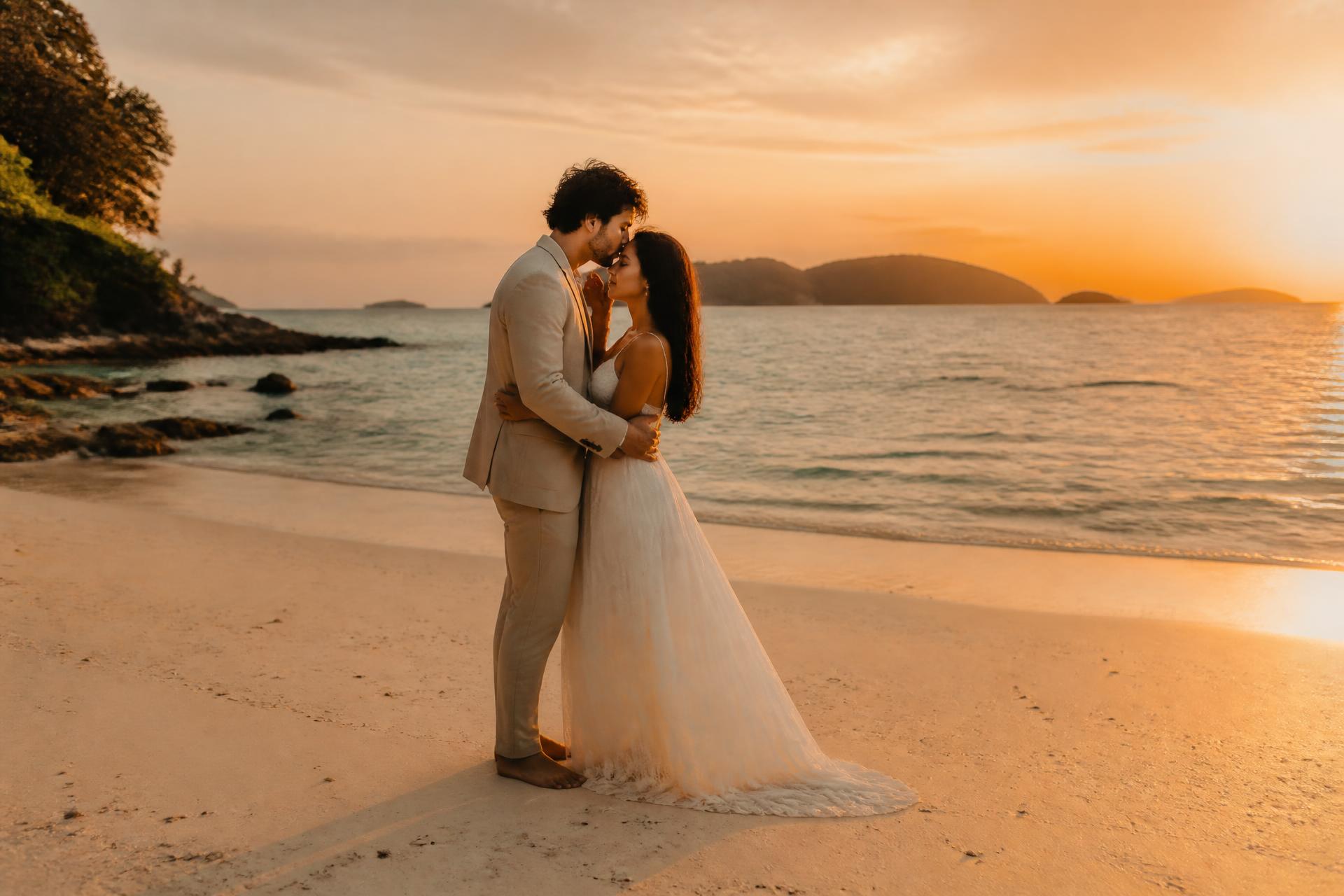 A quiet Phuket beach ceremony at golden hour with two floral stands and a simple signing table
