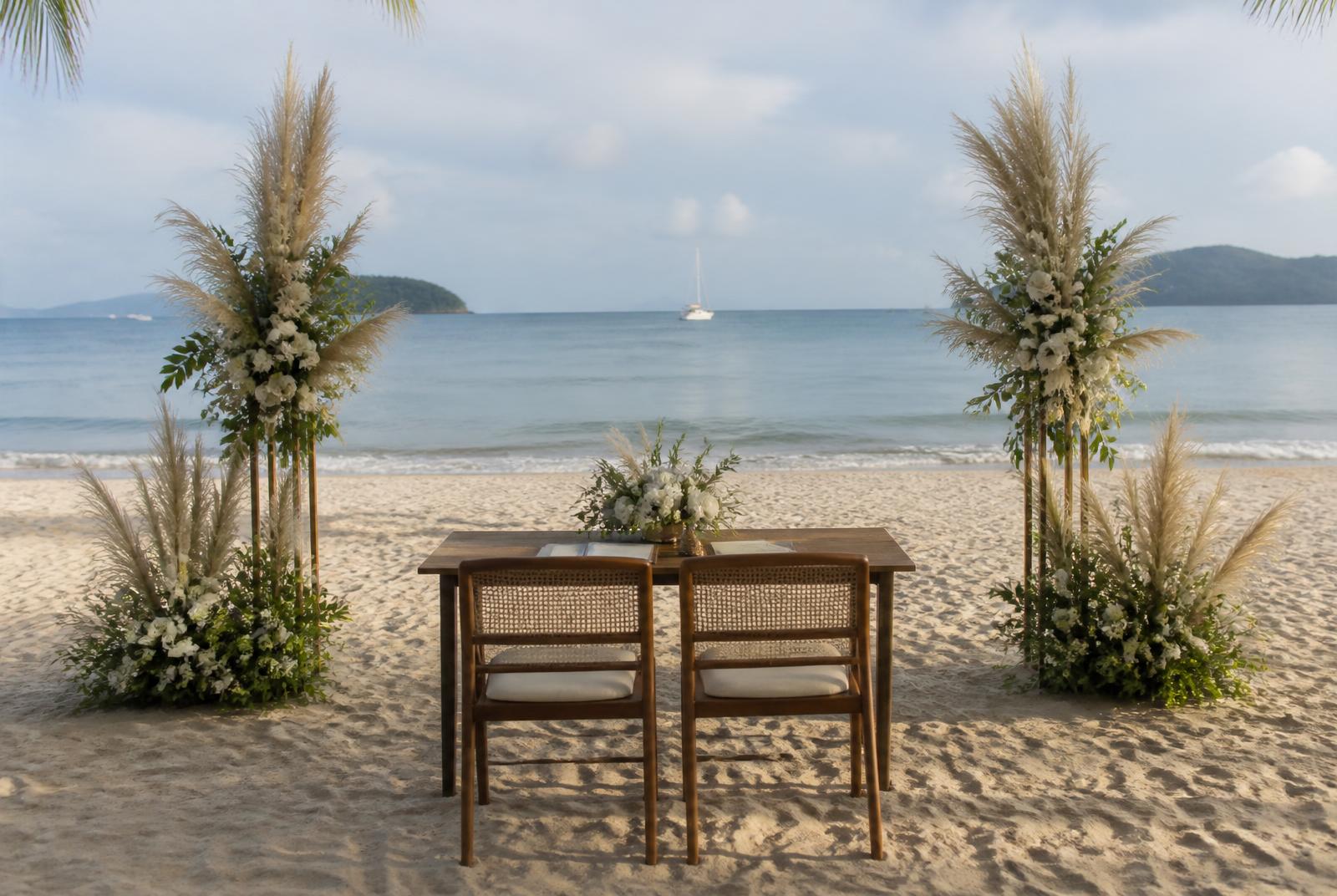 Standard Barefoot Ceremony setup viewed from behind the signing table looking out to sea