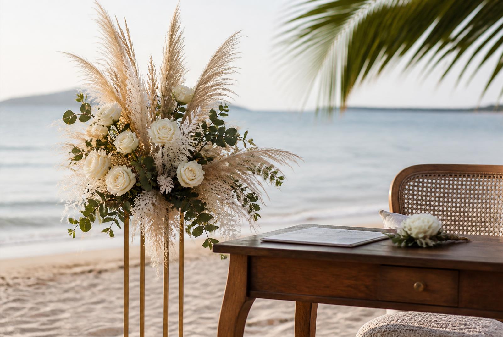 Close detail of the standard Barefoot Ceremony — floral stand, signing table and simple styling by the sea