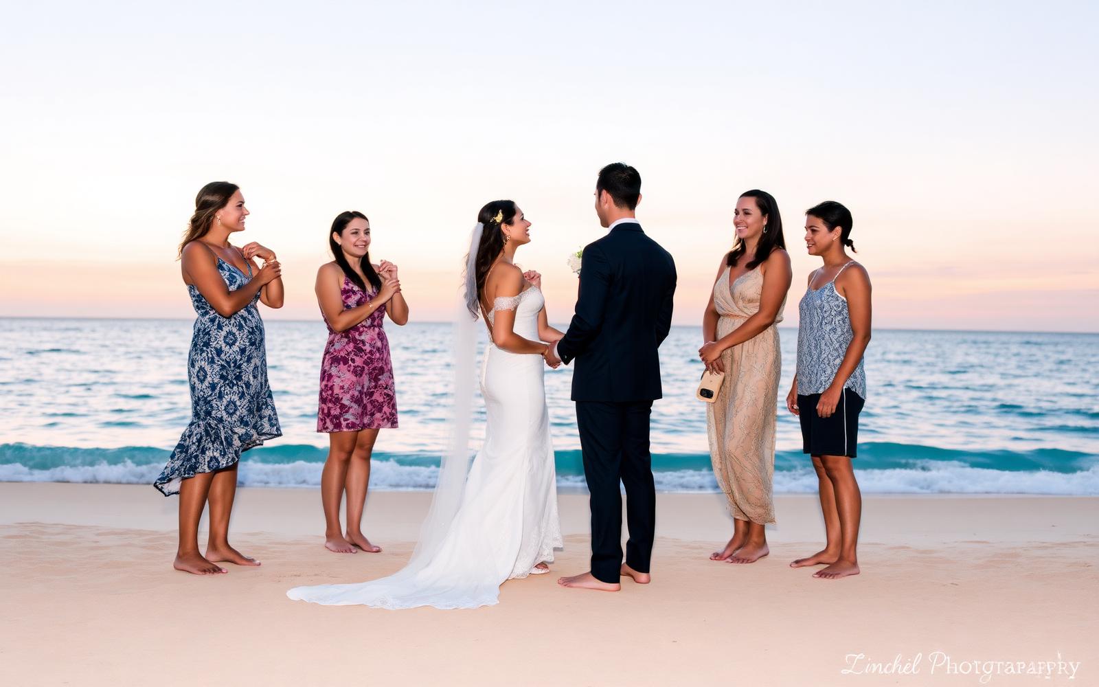 Small group of guests standing barefoot around a couple during their Phuket beach ceremony