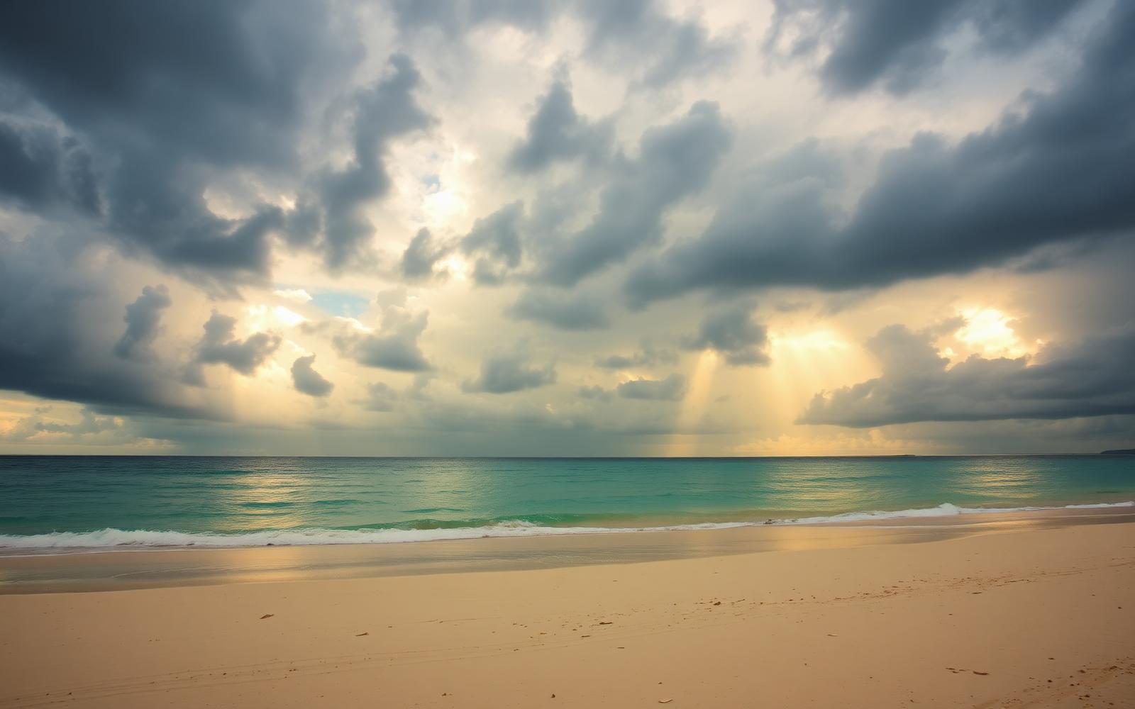 Dramatic tropical sky with sun beams breaking through cloud over a Phuket beach